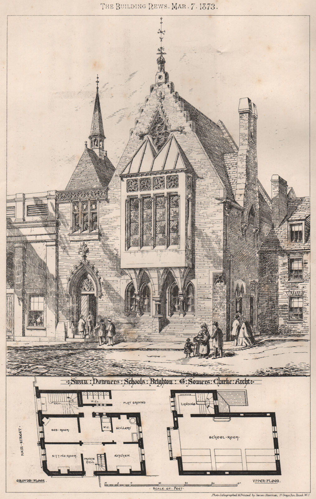 Swan Downers Schools, Brighton; G. Somers Clarke, Architect. Sussex 1873 print